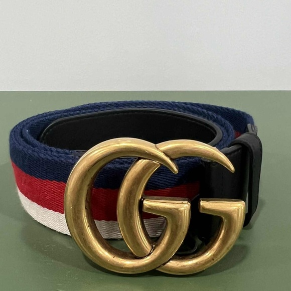 Gucci Gold GG Canvas Webbing Belt w/ Black Leather Sz 100/40 - Picture 1 of 5
